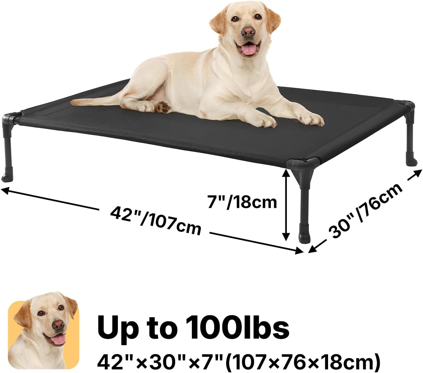 Outdoor Elevated Dog Bed Large Sized Dogs, Large Cooling Raised Dog Cots Beds Training Platform off Ground Hammock with Breathable Mesh, No-Slip Feet, 42"X30", Black